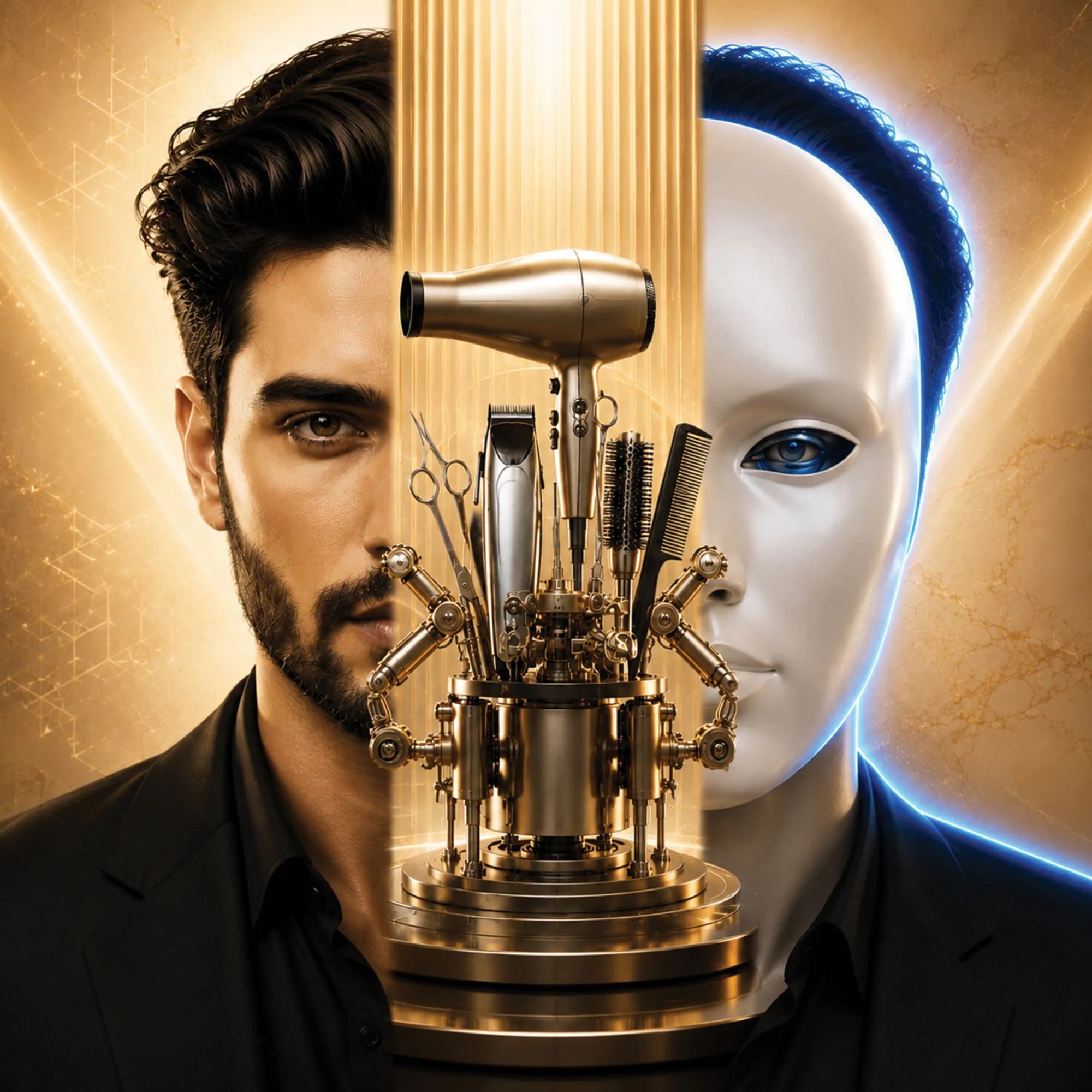 Craft meets technology: a man’s portrait beside a sculpted white face, split by a golden stand of professional hair tools