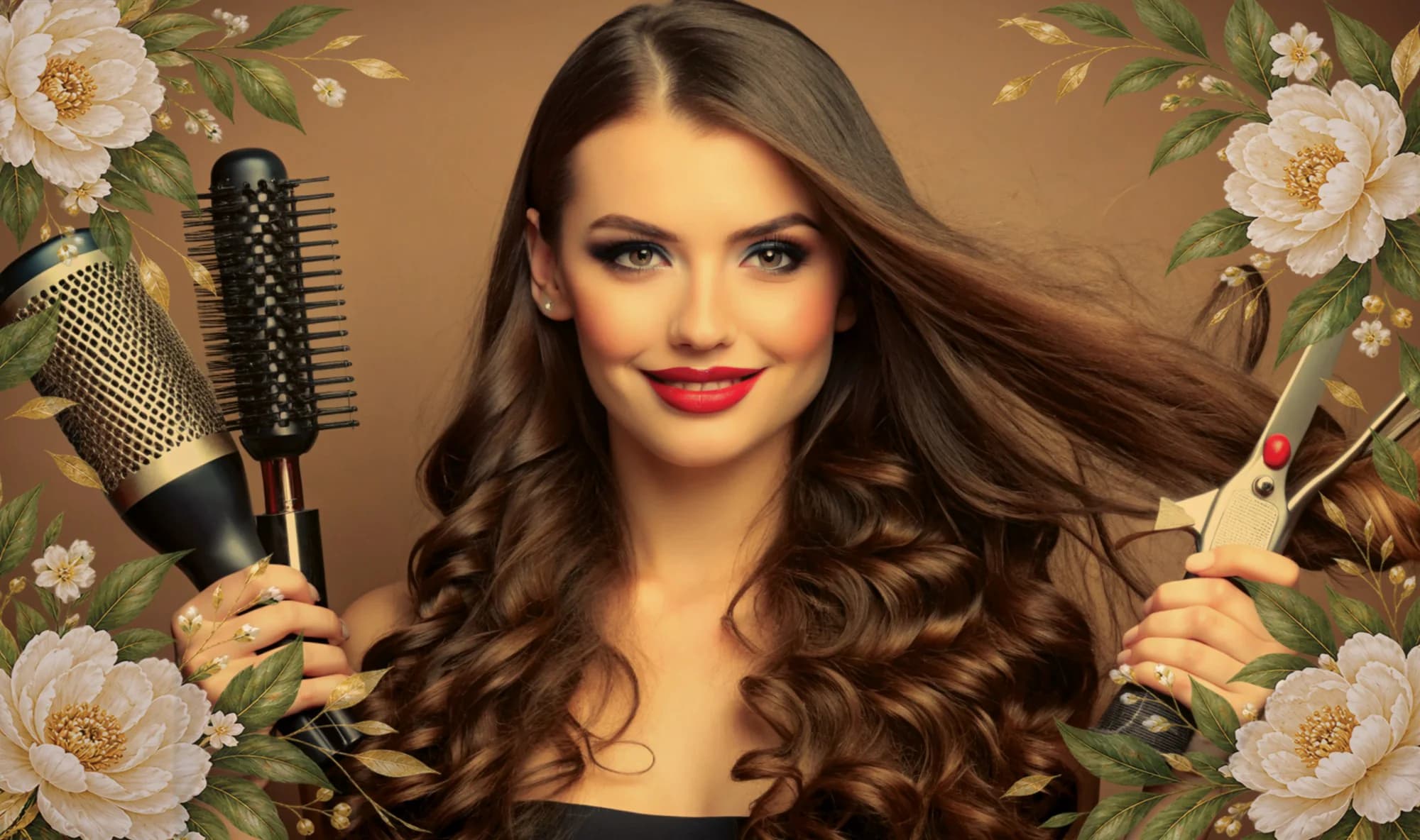 A stylist with long, glossy waves holding round brushes and a flat iron, framed by white peonies