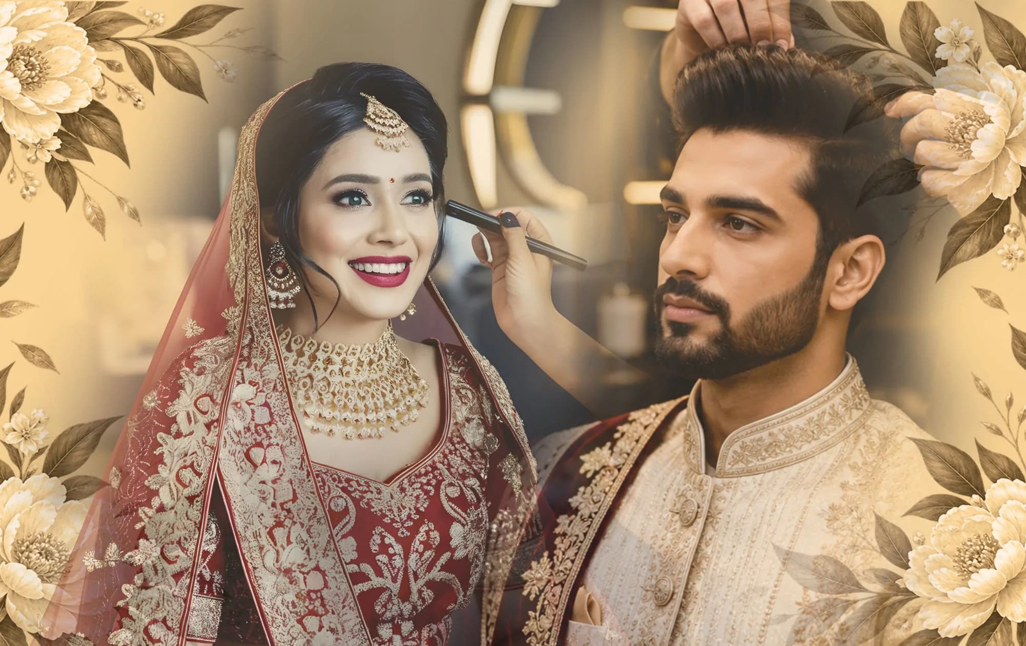 A bride in a red and gold lehenga smiling as her makeup is applied, beside a groom in a cream sherwani having his hair styled